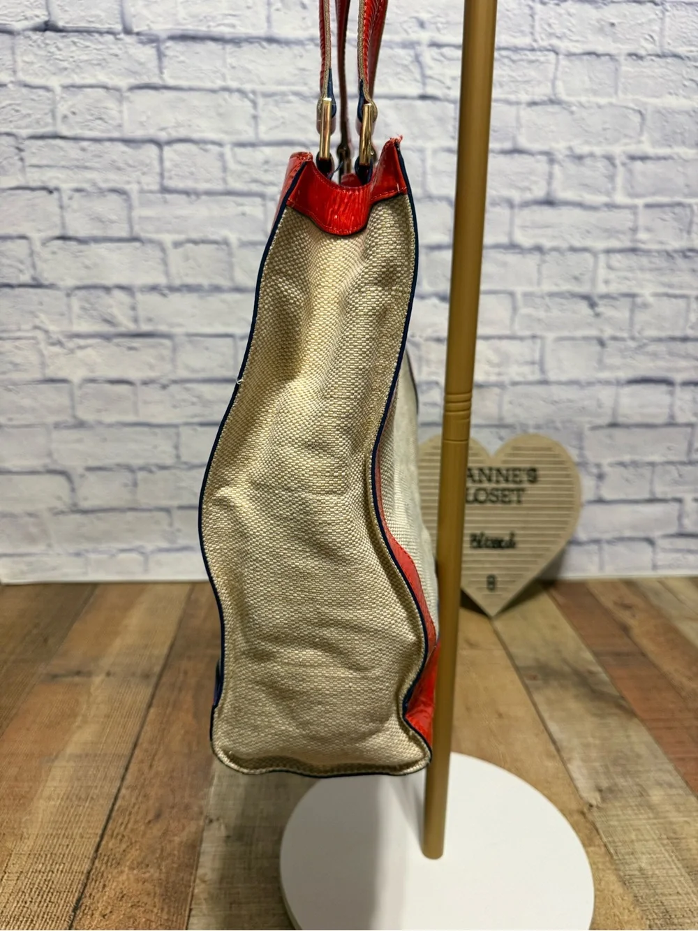 Jonathan Adler Red Patent Leather Trim Linen Cotton Canvas Geometric Tote Bag